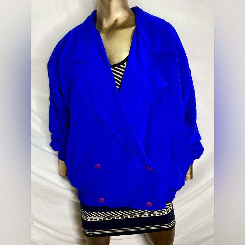 100% silk Sunny Leigh Royal Blue Draped Double-Breasted Jacket